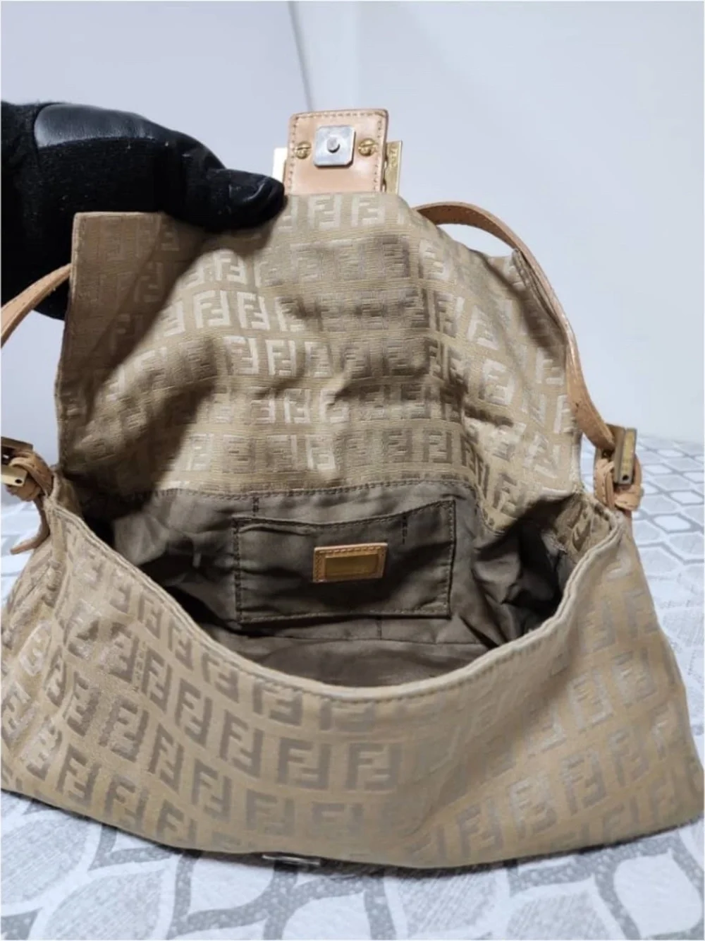 Authentic FENDI Metallic Zucchino Canvas Baguette Bag Gold/Beige
